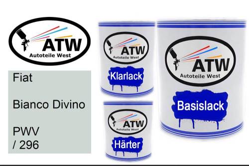 Fiat, Bianco Divino, PWV / 296: 1L Lackdose + 1L Klarlack + 500ml Härter - Set, von ATW Autoteile West.